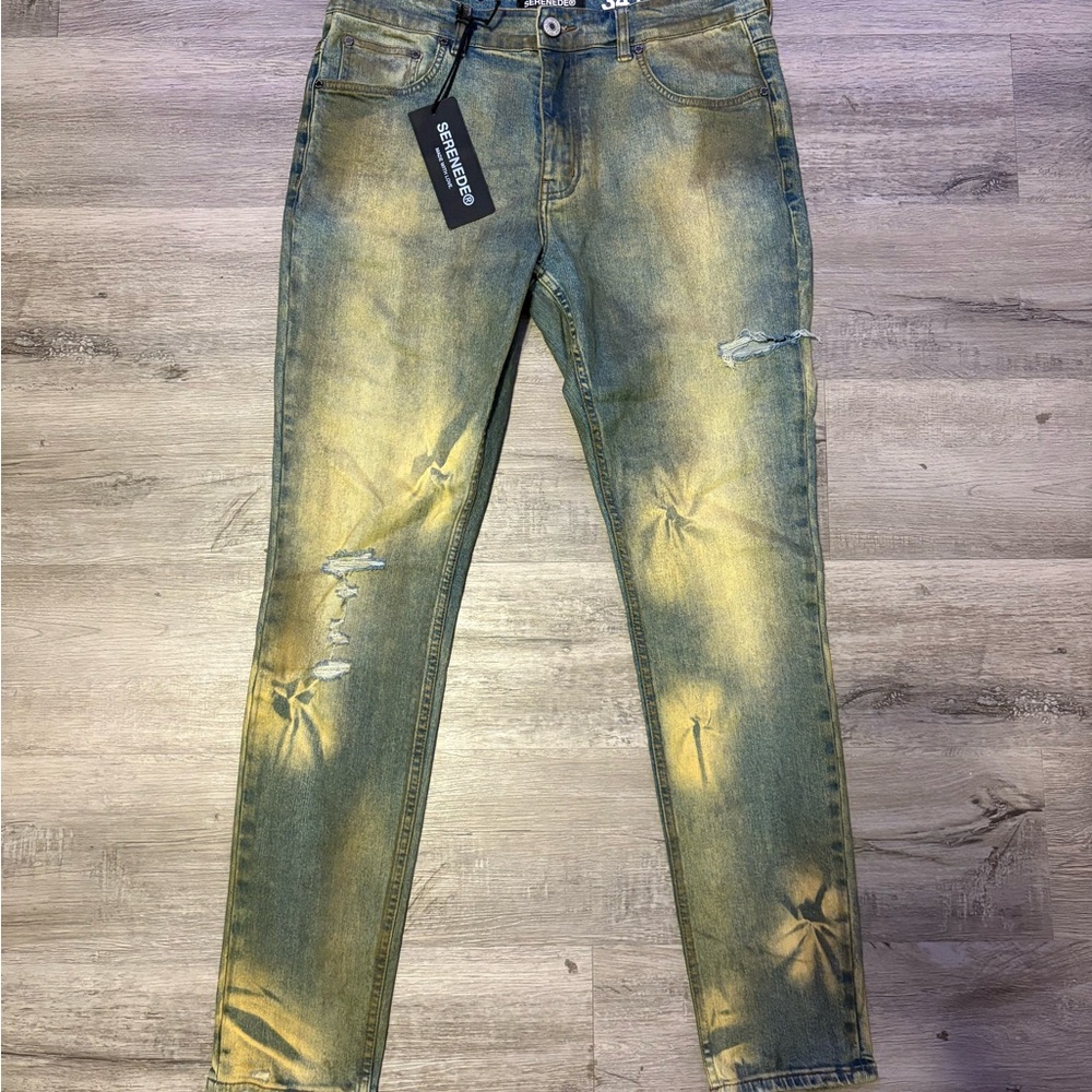 Men's Distressed Skinny Jeans in Blue and Tan